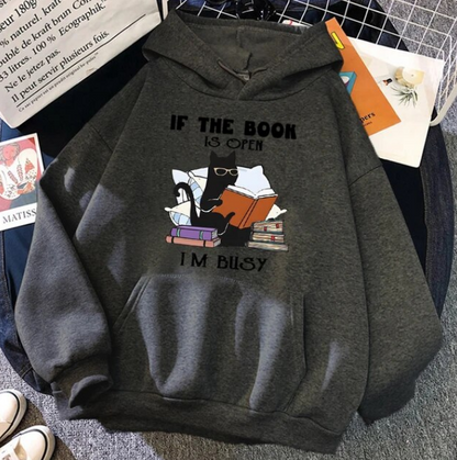 If The Book Is Open Im Busy Black Cat Hoodies Fashion Sweatshirt