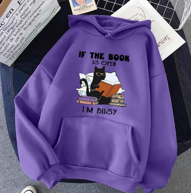 If The Book Is Open Im Busy Black Cat Hoodies Fashion Sweatshirt