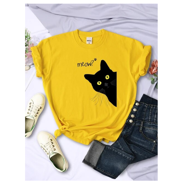 Meow Black Cat Print Women Tshirts