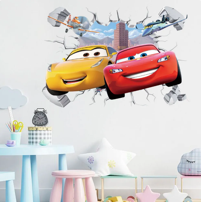 3D Brokenwall Lightning McQueen Cartoom Cars Wall Decor Decals For Kid