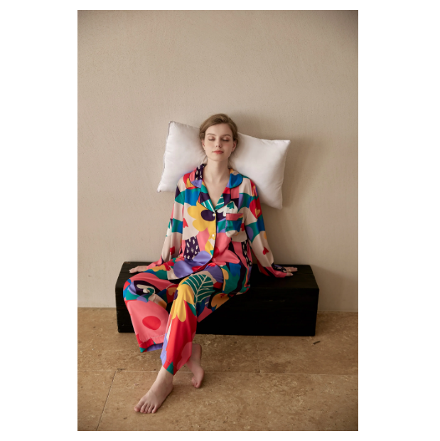 Multicolored Block Flower Patchwork Printed Pajamas Autumn Collection Stylish