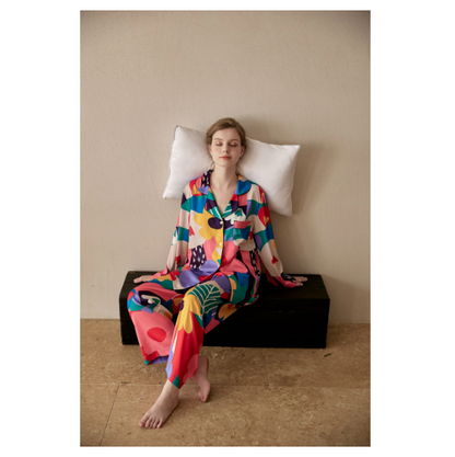 Multicolored Block Flower Patchwork Printed Pajamas Autumn Collection Stylish