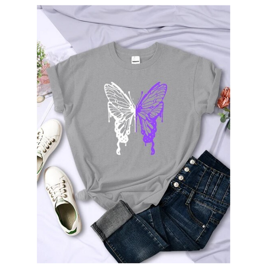 White And Purple Butterflies Personality Funny Print Tshirt