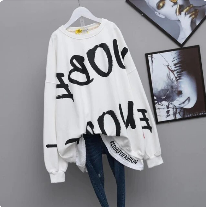 Vintage Letter Print Cotton Pullover Oversized Loose Casual Sweatshirt