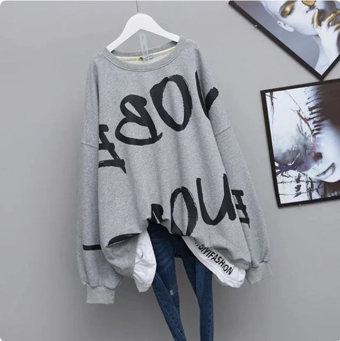 Vintage Letter Print Cotton Pullover Oversized Loose Casual Sweatshirt