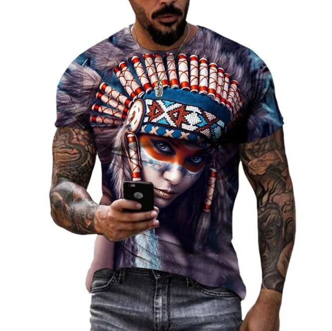 Retro Men Tshirt 3D American Indian Print Short Sleeve