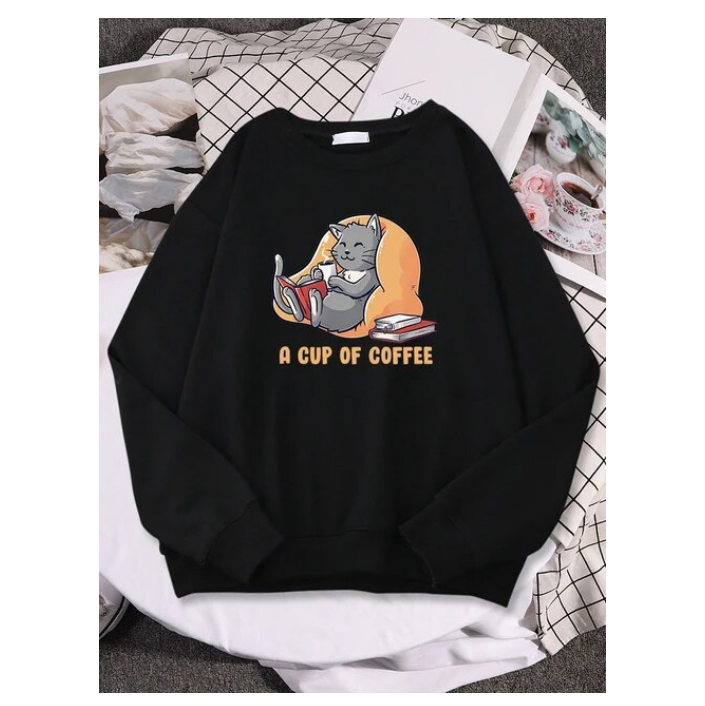 Lady Sweatshirts Grey Cat Drinks Coffee While Reading