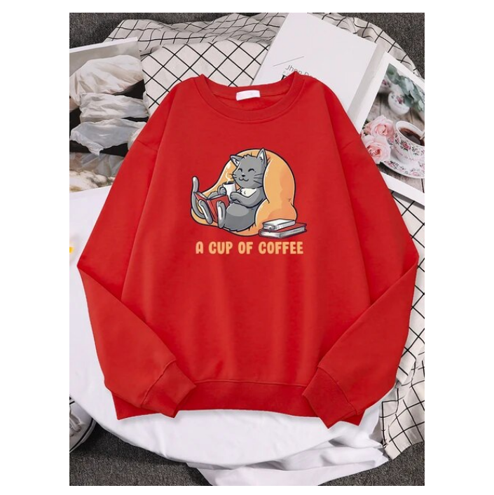 Lady Sweatshirts Grey Cat Drinks Coffee While Reading