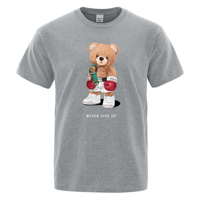 Strong Boxer Teddy Bear Never Give Up Print Funny Tshirt