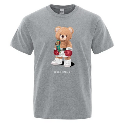 Strong Boxer Teddy Bear Never Give Up Print Funny Tshirt