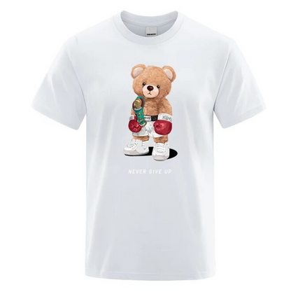 Strong Boxer Teddy Bear Never Give Up Print Funny Tshirt