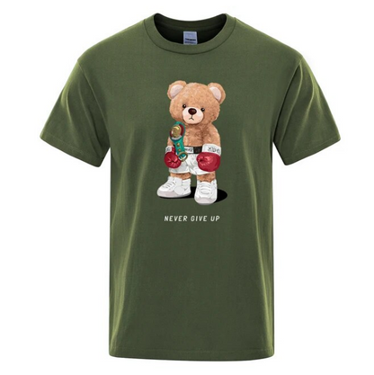 Strong Boxer Teddy Bear Never Give Up Print Funny Tshirt