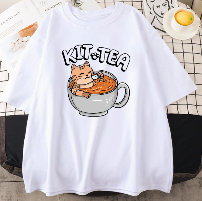 Kit Tea Cat In Cup Of Tea Prints Cotton Tshirts