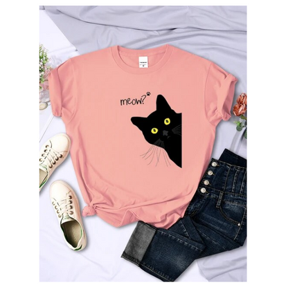 Meow Black Cat Print Women Tshirts