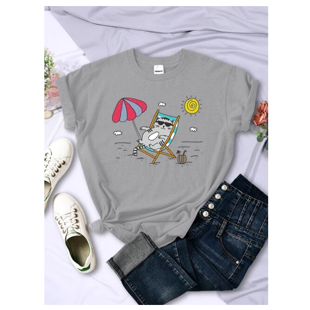 Cat Beach Sunbathing Printed Womens Tshirts