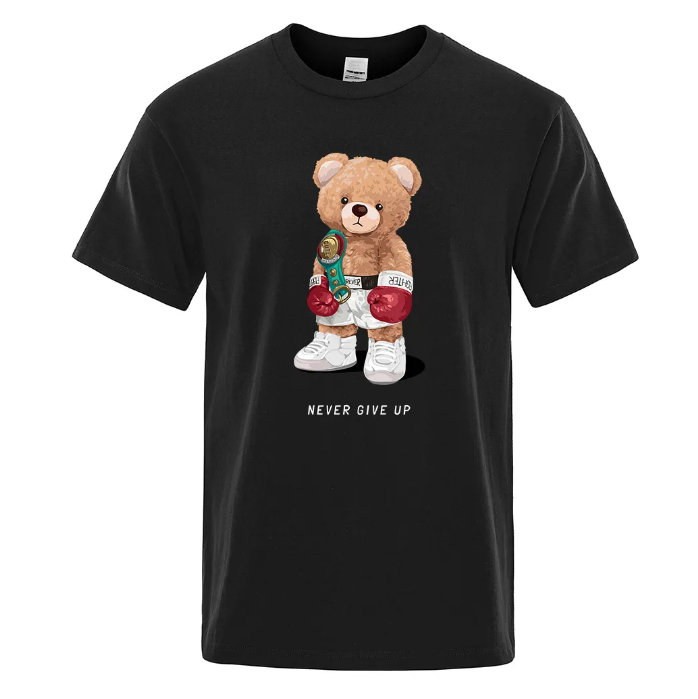 Strong Boxer Teddy Bear Never Give Up Print Funny Tshirt