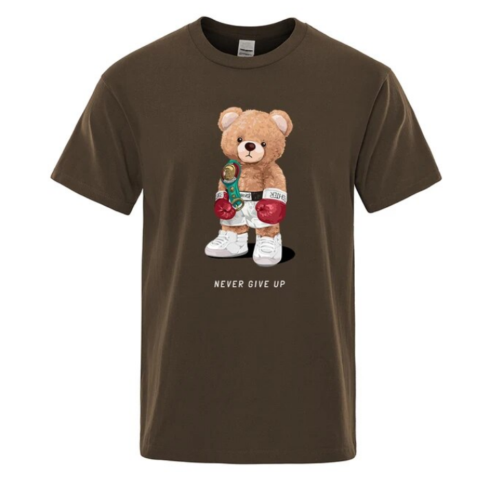 Strong Boxer Teddy Bear Never Give Up Print Funny Tshirt