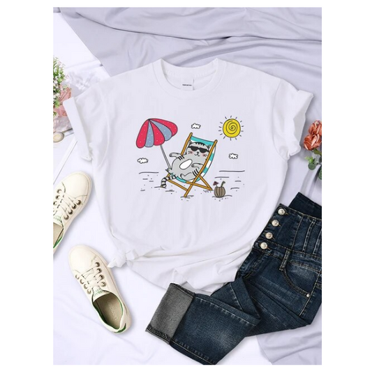 Cat Beach Sunbathing Printed Womens Tshirts