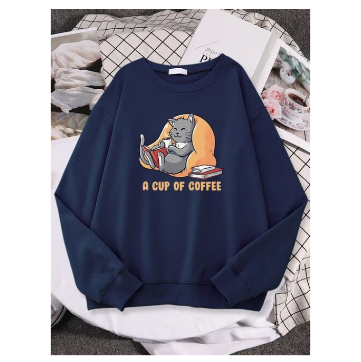 Lady Sweatshirts Grey Cat Drinks Coffee While Reading