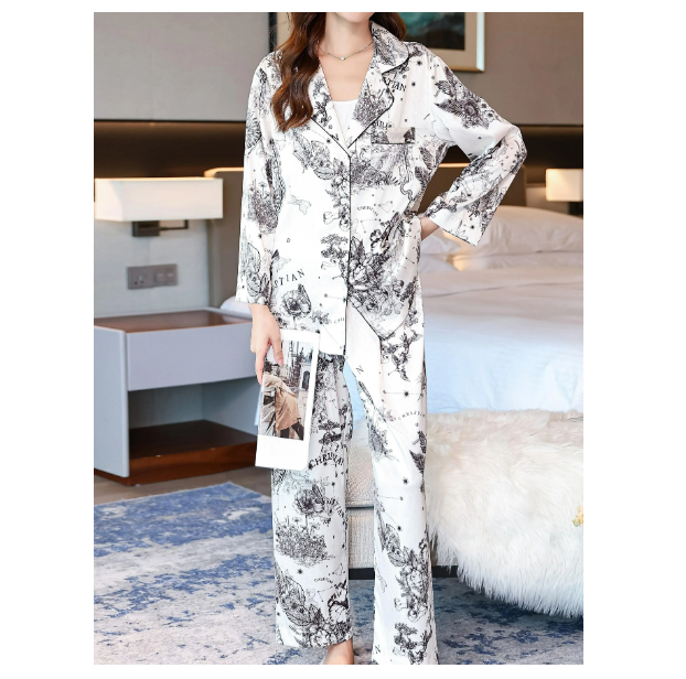 Pajamas Satin White Ink Leaf Printed Silk Texture Trendy Long Sleeved Top And Pants