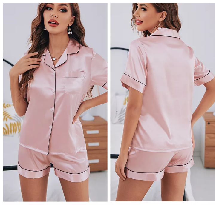 Womens Silk Satin Pajamas Set Short Sleeve - DUGO