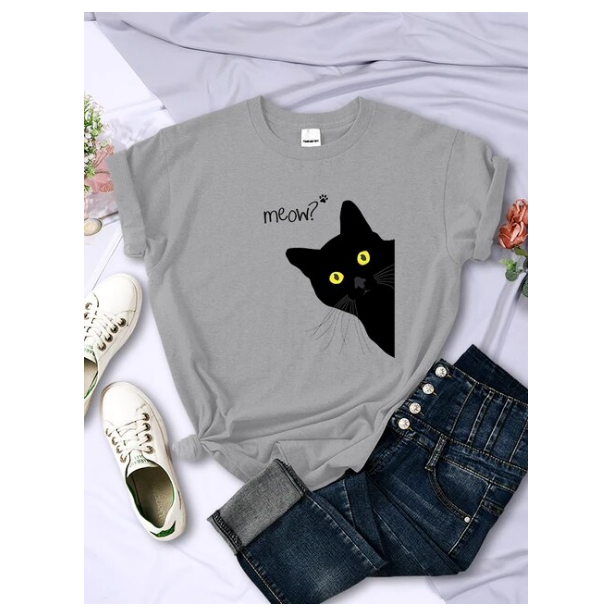 Meow Black Cat Print Women Tshirts