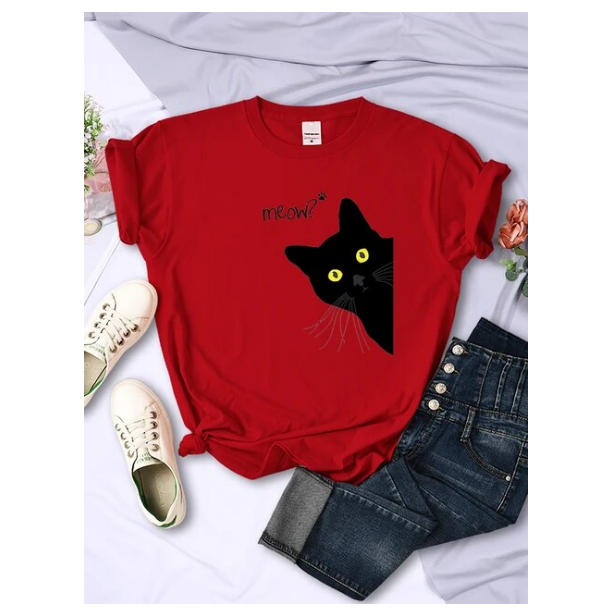 Meow Black Cat Print Women Tshirts