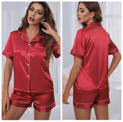 Womens Silk Satin Pajamas Set Short Sleeve - DUGO