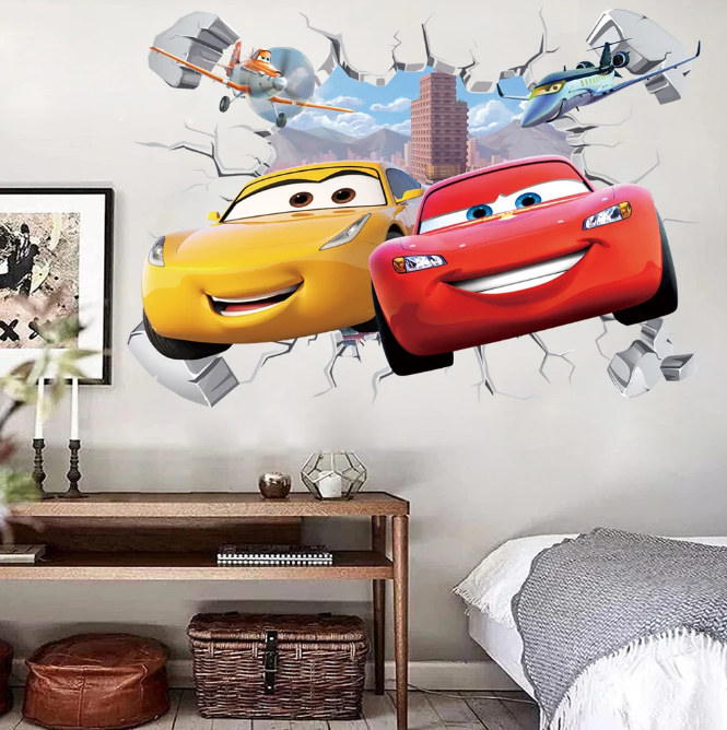 3D Brokenwall Lightning McQueen Cartoom Cars Wall Decor Decals For Kid