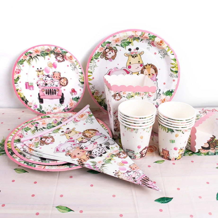 Tableware Pink Jungle Animal Paper Plate Cup  Birthday Party Decor