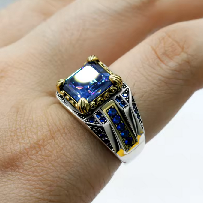 Sterling Silver Square Men Ring with Faceted Blue Zircon Fashion