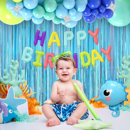 Blue Balloon Arch Tassel Curtains Happy Birthday Ocean Animals