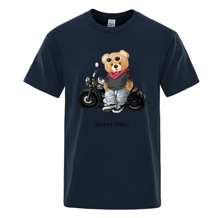 Motorcycle Enthusiast Street Teddy Rider Printed Tshirt