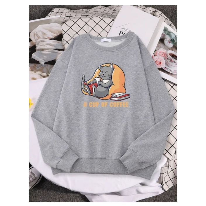 Lady Sweatshirts Grey Cat Drinks Coffee While Reading