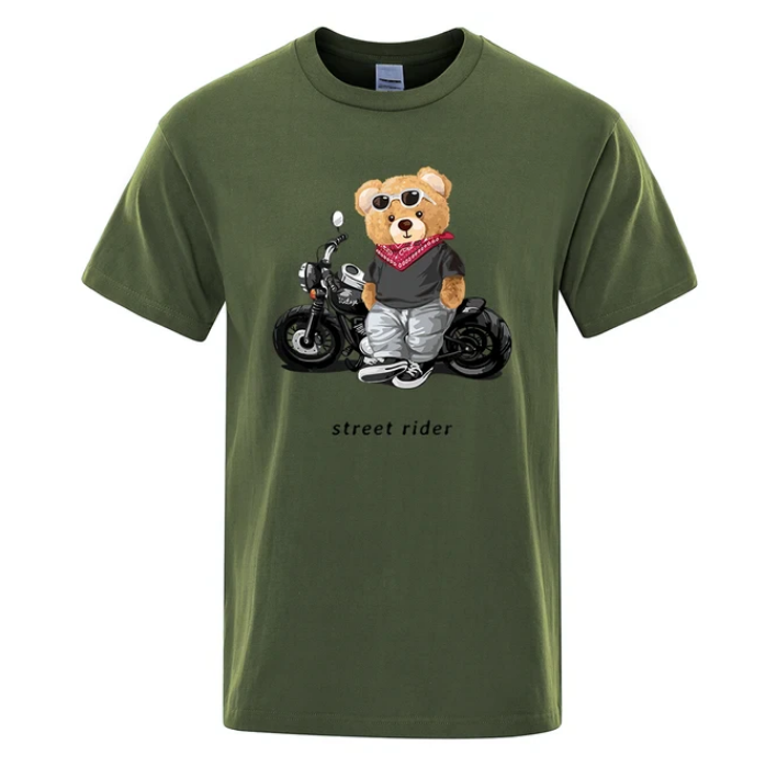 Motorcycle Enthusiast Street Teddy Rider Printed Tshirt