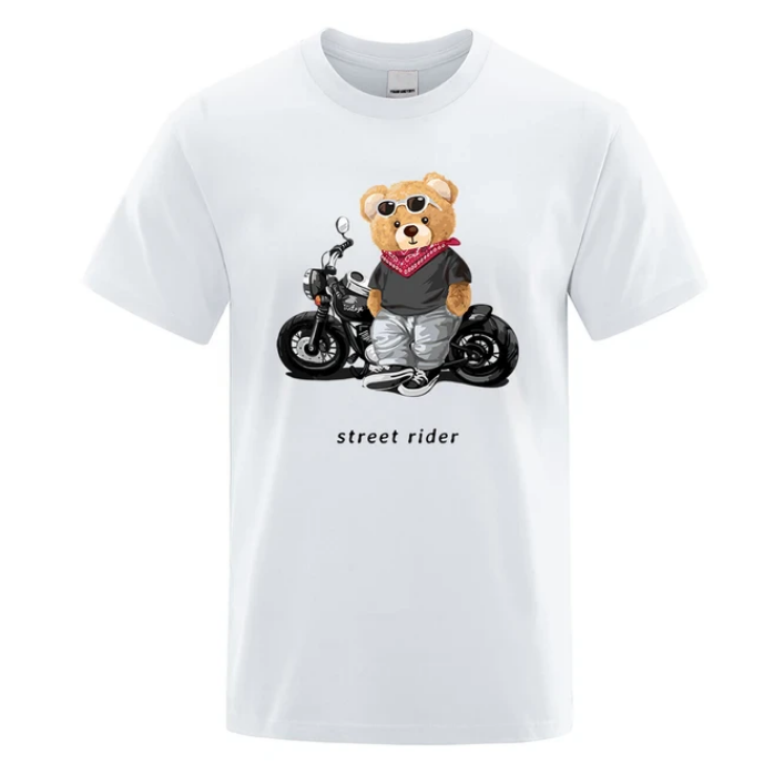 Motorcycle Enthusiast Street Teddy Rider Printed Tshirt