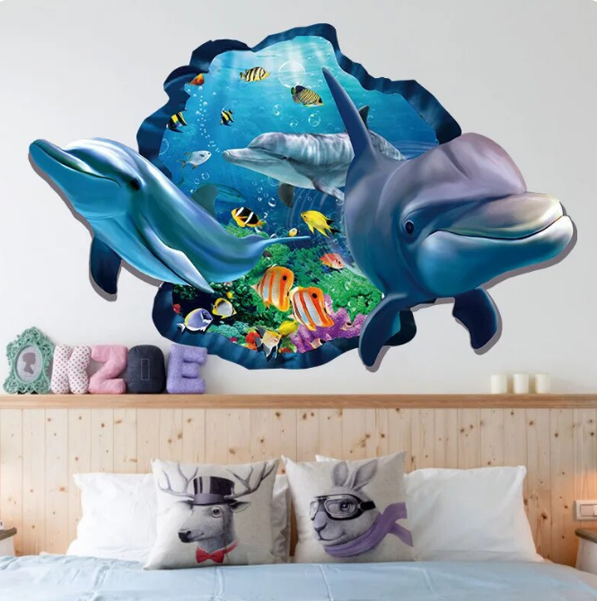 Underwater Fish Dolphin 3D Vivid Window Wall Stickers - DUGO