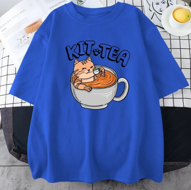 Kit Tea Cat In Cup Of Tea Prints Cotton Tshirts