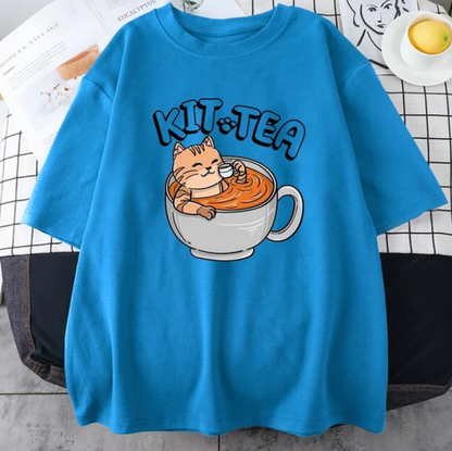 Kit Tea Cat In Cup Of Tea Prints Cotton Tshirts