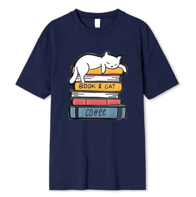 White Cat Sleeping On A Pile Of Books Tshirt