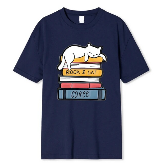 White Cat Sleeping On A Pile Of Books Tshirt