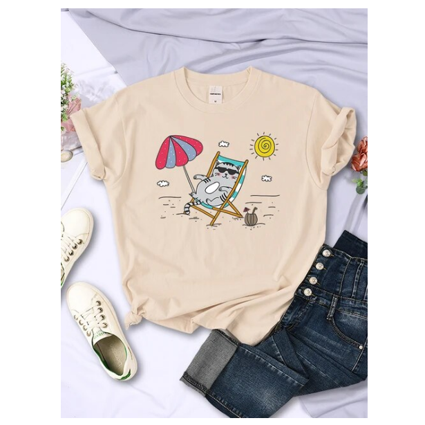 Cat Beach Sunbathing Printed Womens Tshirts