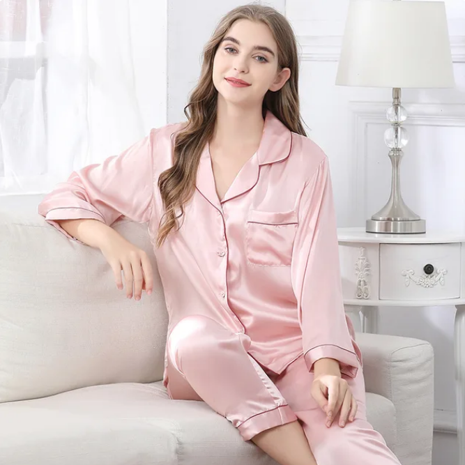 Pajamas Set For Womens Sleep Two Piece Set Solid Color Loose