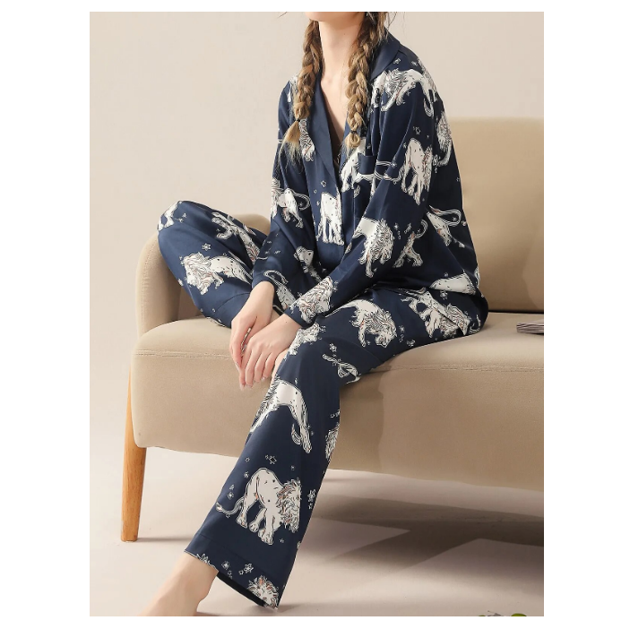 Pajama Set For Women Stay Comfy At Home Long Sleeve and Pants Silk Texture Satin