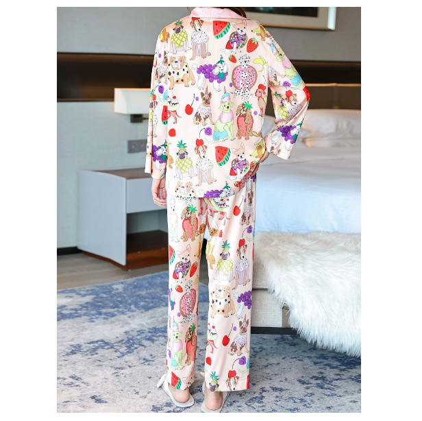 Pajama Set For Women Long Sleeved Top and Pants Pj Set Cute Fruit Dog