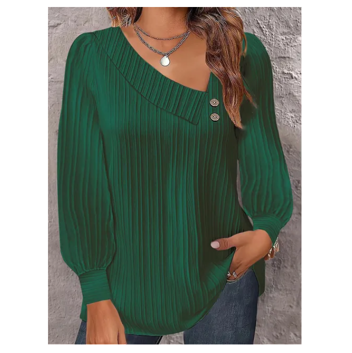 Tshirt Women Solid Color Long Sleeve Oblique Neck Button Top Pullover - DUGO