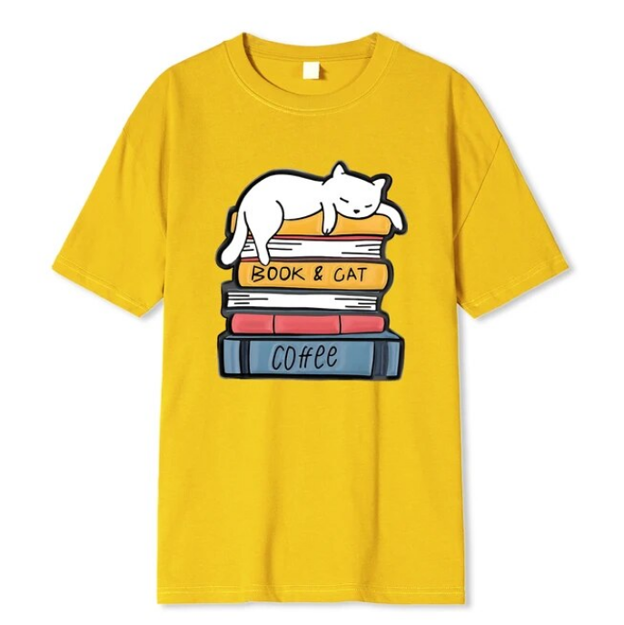 White Cat Sleeping On A Pile Of Books Tshirt