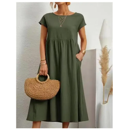 Women Elegant Solid Color Dress Summer Short Sleeve