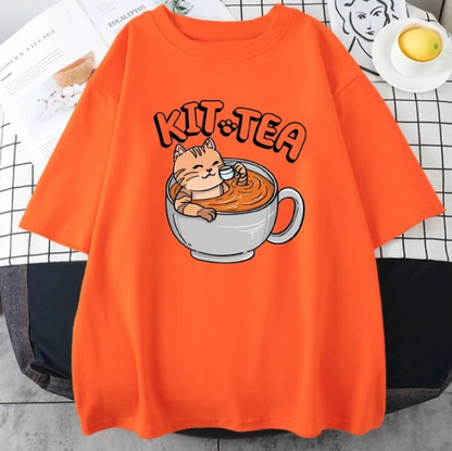 Kit Tea Cat In Cup Of Tea Prints Cotton Tshirts