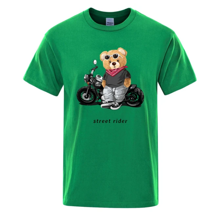 Motorcycle Enthusiast Street Teddy Rider Printed Tshirt